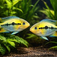 Two Rainbow Cichlids facing each other in a planted aquarium - view 2