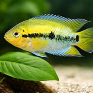 Rainbow Cichlid swimming above a broad green leaf and pale substrate - view 4