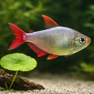 Red-Blue Colombian Tetra above a round green leaf on pale gravel, with a silver body and red fins. - view 4