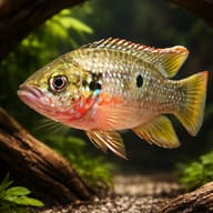 Red Jewel Cichlid with blue-white spots and a red-orange belly among wood and plants - view 1