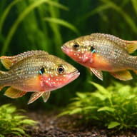Two Red Jewel Cichlids facing each other above gravel and green plants - view 2