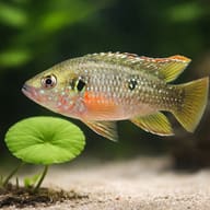 Red Jewel Cichlid swimming above sand beside a round green leaf - view 4