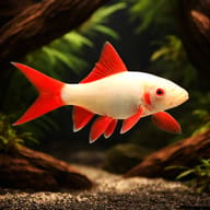 Albino Rainbow Shark (Epalzeorhynchos frenatum) with red fins near driftwood — representative image - view 1