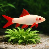 Albino Rainbow Shark (Epalzeorhynchos frenatum) beside aquarium plants for scale — representative image - view 4