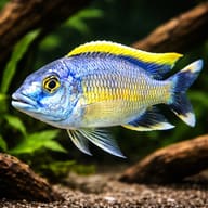 Red-Top Trematocranus (Otopharynx lithobates) beside aquarium driftwood — representative image - view 1