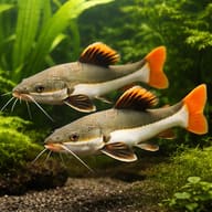 Yellowtail Redtail Catfish Phractocephalus hemioliopterus juvenile in a large aquarium — pair in a planted aquarium - view 2
