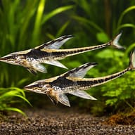 Royal Whiptail Catfish (Sturisomatichthys panamensis) (Sturisoma panamense) pair in planted aquarium scene - view 2
