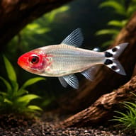 Rummy Nose Tetra swimming among green plants and aquarium wood - view 2