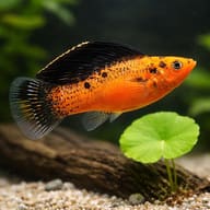 Sail-Fin Molly assorted (Poecilia velifera assorted) close view beside an aquarium plant - view 4