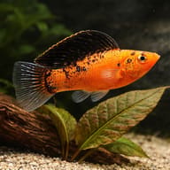 Sail-Fin Molly Goldleopard (Poecilia velifera gold leopard) close view beside an aquarium plant - view 4