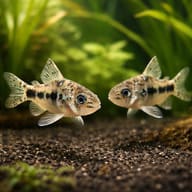 Salt and Pepper Catfish Corydoras habrosus group on sand — pair in a planted aquarium — representative image - view 2