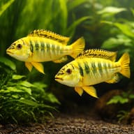 Simochromis babaulti yellow tiger 3,5 - 4 — pair in a planted aquarium — representative image - view 2