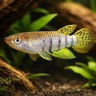 Singhalese Panchax (Aplocheilus dayi) in a shaded planted aquarium — driftwood view - view 1