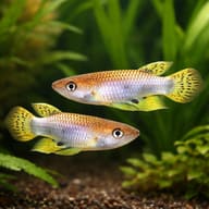 Singhalese Panchax (Aplocheilus dayi) pair near floating plants - view 2