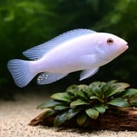 Snow White Cichlid — Albino Pindani scale reference in rocky Malawi aquascape — representative image - view 4