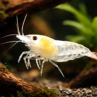 Snowball Shrimp with a translucent white body on aquarium wood - view 1