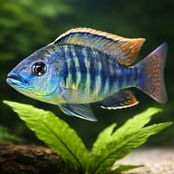 Steveni Tiger Cichlid (Protomelas fenestratus) - scale and plant aquarium image — representative image - view 4