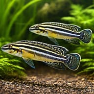 Striped Julie (Julidochromis regani) pair-style planted rock scene - view 2