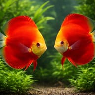 Pair of San Merah Red Discus in calm warm water — representative image - view 2