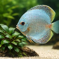Blue Snake Skin Discus (Symphysodon spp.) domestic discus strain — close view showing fin and scale detail - view 4