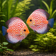 Pigeon Checkerboard Discus (Symphysodon spp.) domestic discus strain — pair in a planted aquarium — representative image - view 2