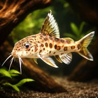 Representative Cuckoo Catfish in a planted aquarium with driftwood, showing dark spots and pale-edged fins - view 1