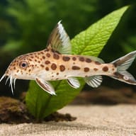 Representative Cuckoo Catfish (Synodontis multipunctatus) above a sandy aquarium substrate - view 3