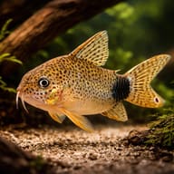 Tailspot Corydoras (Corydoras caudimaculatus) resting near driftwood on soft sand — representative image - view 1