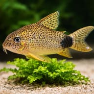 Tailspot Corydoras (Corydoras caudimaculatus) tail spot and dorsal detail beside aquarium plants — representative image - view 4