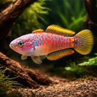 Peacock Gudgeon (Tateurndina ocellicauda) showing blue and yellow body colour near aquarium plants — representative image - view 1