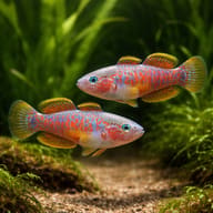 Peacock Gudgeon (Tateurndina ocellicauda) — Pair of Peacock Gudgeons resting near a cave in a planted aquarium - view 2
