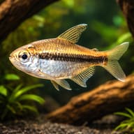 Tetra Wilmae / Chocolate Neon Tetra (Hyphessobrycon vilmae) — Tetra Wilmae in planted driftwood aquarium visual - view 1