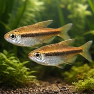 Tetra Wilmae / Chocolate Neon Tetra (Hyphessobrycon vilmae) — Tetra Wilmae pair in planted aquarium visual - view 2