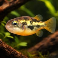 Pea puffer hovering between driftwood roots and green plants, showing its large eye and yellow fins - view 2