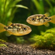 Small puffers swimming face to face above dark gravel with moss and fine-leaved plants behind - view 3