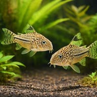 Two Three-Stripe Corys facing each other above gravel in a planted aquarium - view 2