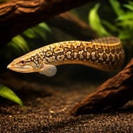 Tire Track / Zig-Zag Eel (Mastacembelus armatus) in driftwood aquarium scene — representative image - view 1