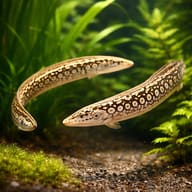 Tire Track / Zig-Zag Eel (Mastacembelus armatus) pair in planted aquarium scene — representative image - view 2