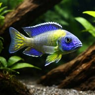 Illustrative adult male Steveni Blue Neon Peacock Cichlid (Aulonocara stuartgranti) in an aquarium - view 1