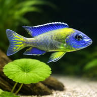 Illustrative Steveni Blue Neon Peacock Cichlid (Aulonocara stuartgranti) beside aquarium plants - view 4