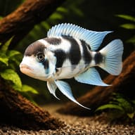 Black Widow Frontosa Cichlid in subdued rocky Tanganyika aquarium — representative image - view 1