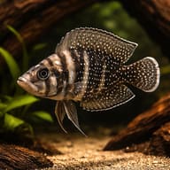 Pearly Compressiceps Zaire (Lamprologus calvus zaire black fin) in a planted aquarium - view 1