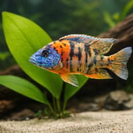 Calico Peacock Cichlid with rockwork and open water for scale — representative image - view 4