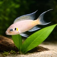 Chalinochromis brichardi close view beside an aquarium plant - view 4