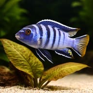 Pseudotropheus elongatus mpanga close view beside an aquarium plant - view 4