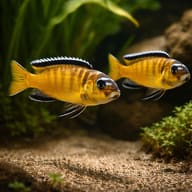 Illustrative aquarium scene with two Yellow Elongatus-type mbuna; product quantity is one unsexed fish — representative image - view 2