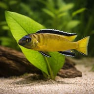 Yellow Elongatus-type mbuna illustration beside a broad green aquarium leaf — representative image - view 4