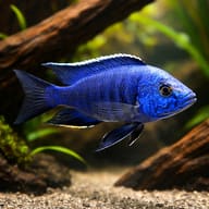Azureus Cichlid (Copadichromis azureus) blue male in open Malawi aquarium — representative image - view 1