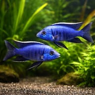 Azureus Cichlid (Copadichromis azureus) pair with rock and sand margins — representative image - view 2