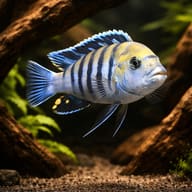 Cobue Afra cichlid with a blue body, dark vertical bars and yellow-gold forehead among wood and rock — representative image - view 2